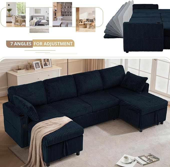 110" Corduroy Pull Out Sofa Bed w/Adjustable Backrests, Sectional U-Shape Sleeper Sofa w/Storage Chaise, Convertible Couch Bed w/USB Charging Port & Cup Holders for Living Room, House, Blue