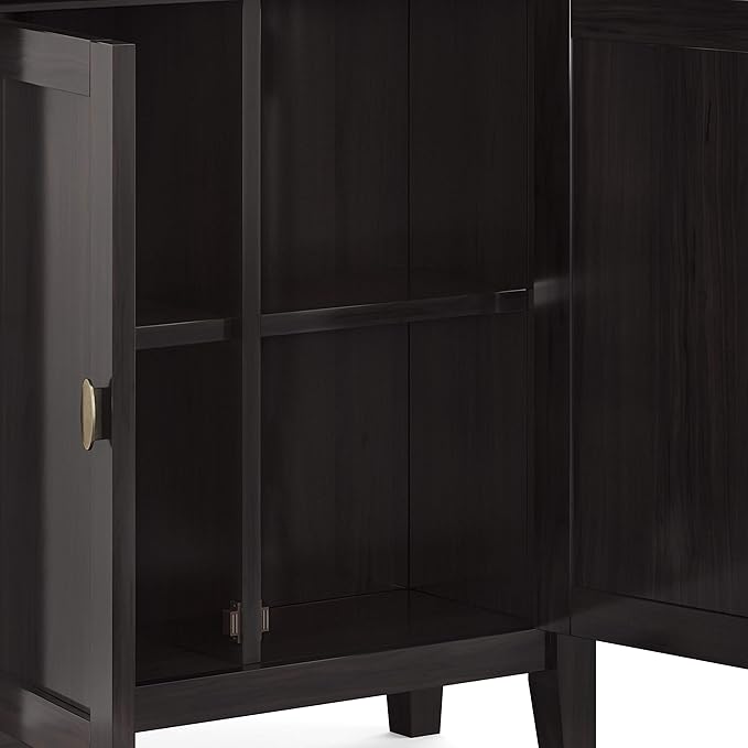 SIMPLIHOME Redmond SOLID WOOD 32 inch Wide Transitional Low Storage Cabinet in Hickory Brown for the Living Room, Entryway and Family Room