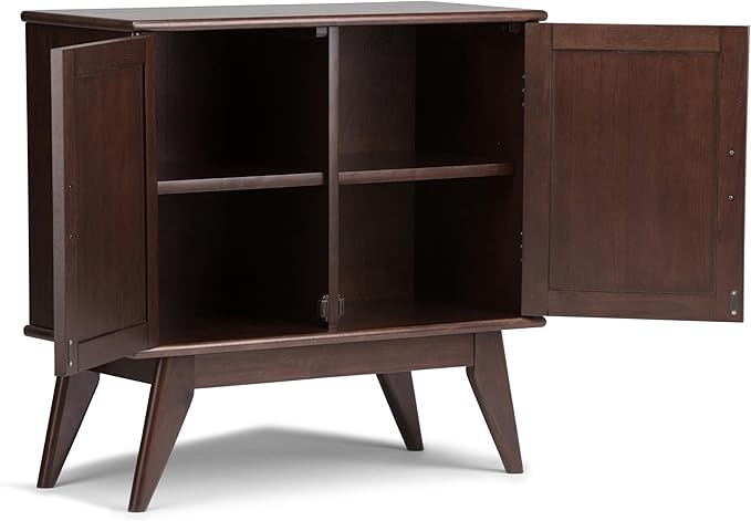 SIMPLIHOME Draper SOLID HARDWOOD 32 Inch Wide Mid Century Modern Low Storage Cabinet in Medium Auburn Brown, For the Living Room, Entryway and Family Room