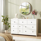 White Dresser for Bedroom, 7 Drawer Dresser with Metal Handles, 55 Inch Wide Wood Chest for Living Room, Hallway