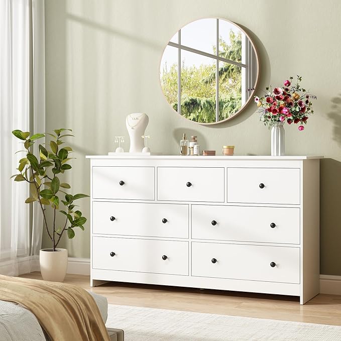 White Dresser for Bedroom, 7 Drawer Dresser with Metal Handles, 55 Inch Wide Wood Chest for Living Room, Hallway