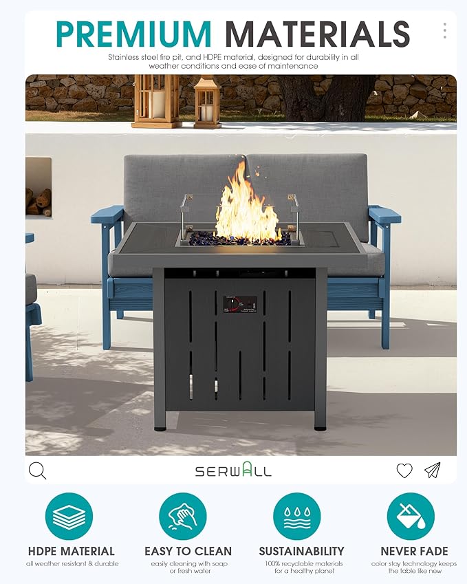 SERWALL Patio Furniture Set with 33” Fire Pit Table, HDPE Outdoor Sectional Sofa Set with Thickened Cushions, Black Frame with Khaki Cushions