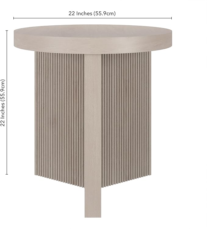 Henn&Hart 22" Fluted Scandinavian Round End Table, Ribbed Side Table, Nightstand for Living Room, Office, Family Room, or Bedroom, Alder White