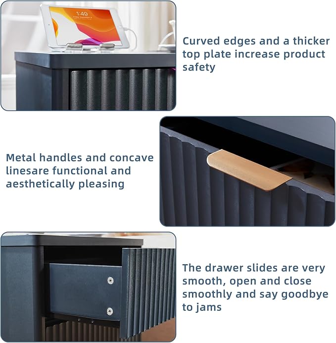 LEYAOYAO 23" Wide Fluted Night Stand with Charging Station, 3 Drawers Large End Table with Storage,Nightstand Wood Bedside Tables, Farmhouse Cabinet Dresser for Bedroom,Closet, Navy Blue