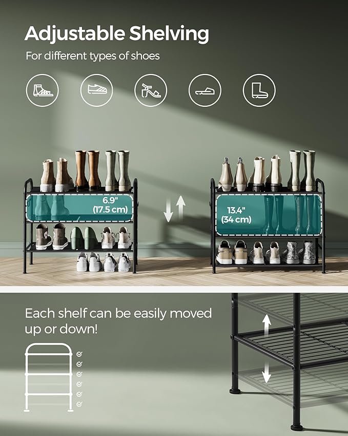 SONGMICS Shoe Rack, 3-Tier Shoe Organizer, Metal Shoe Shelf Storage with 4 Side Hooks, Holds 12 Pairs of Shoes, Height-Adjustable Shoe Rack for Entryway, Hallway, Closet, Easy Assembly, Ink Black