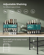 SONGMICS Shoe Rack, 3-Tier Shoe Organizer, Metal Shoe Shelf Storage with 4 Side Hooks, Holds 12 Pairs of Shoes, Height-Adjustable Shoe Rack for Entryway, Hallway, Closet, Easy Assembly, Ink Black