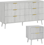 LYNSOM Fluted Dresser and Nightstand Sets 2 Piece, 2-Drawer Nightstands and 6-Drawers Dresser, Wood Bedroom Furniture Set for Home, Bedroom, Hallway, White