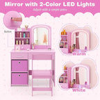 GLACER Kids Vanity Table and Chair Set, Princess Makeup Vanity Desk with 5 Drawers, Open Shelves, Mirror, 2-Color LED Lights, Wooden Toddler Vanity, Pretend Play Vanity Set for Little Girls (Pink)