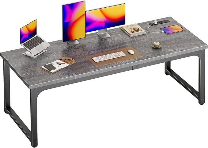 Huuger 63 x 24 inch Desk with Power Outlets & USB-C, Deeper & Thicker Desktop, Robust Metal Tubes, Computer Desk, Heavy Duty Office Desk, Work Gaming Desk, for Home Office, Grey