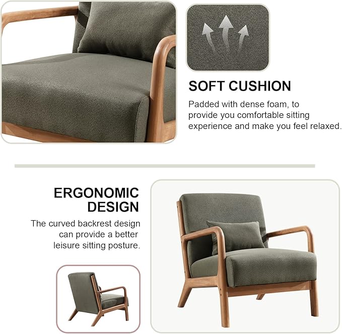 Accent Chair Mid Century Modern Chair Linen Fabric Living Room Chairs with Solid Wood Frame Comfy Upholstered and Lumbar Pillow Reading Side Chair Easy Assembly for Bedroom Room (2, Linen Green)
