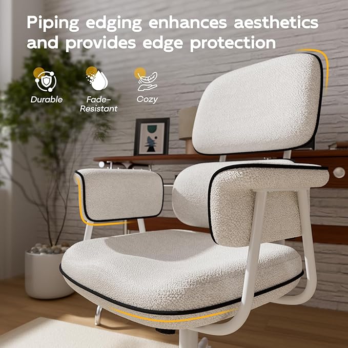 Fabric Office Chair with Granular Linen, Mid Back Vintage Desk Chair with Wheels and Wide Arms, Mid Century Modern Home Office Desk Chairs with Molded Cotton Seat Cushion, Adjustable Height, White