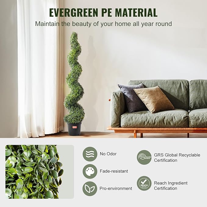 VEVOR Artificial Boxwood Topiary Tree, 60 inch Tall (2 Pieces), Spiral Faux Topiary Trees, Faux Plant w/Extra Leaves & Pot & Small Decoration, UV Rated Greenery Set for Home Decor Indoor/Outdoor