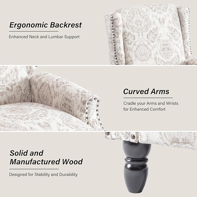 Accent Chair, Upholstered High Back Floral Armchair with Nailhead Trim & Wood Legs, Comfy Wingback Reading Single Sofa Chair for Small Spaces, Living Room, Bedroom