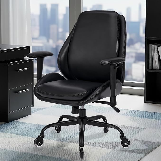 BEWISHOME Home Office Desk Chair, Black Leather Executive Chair with Adjustable Armrests, Computer Chair with Lumbar Support, 360° Swivel Ergonomic Rolling Chair for Adults, Up to 320lbs，BBY02B