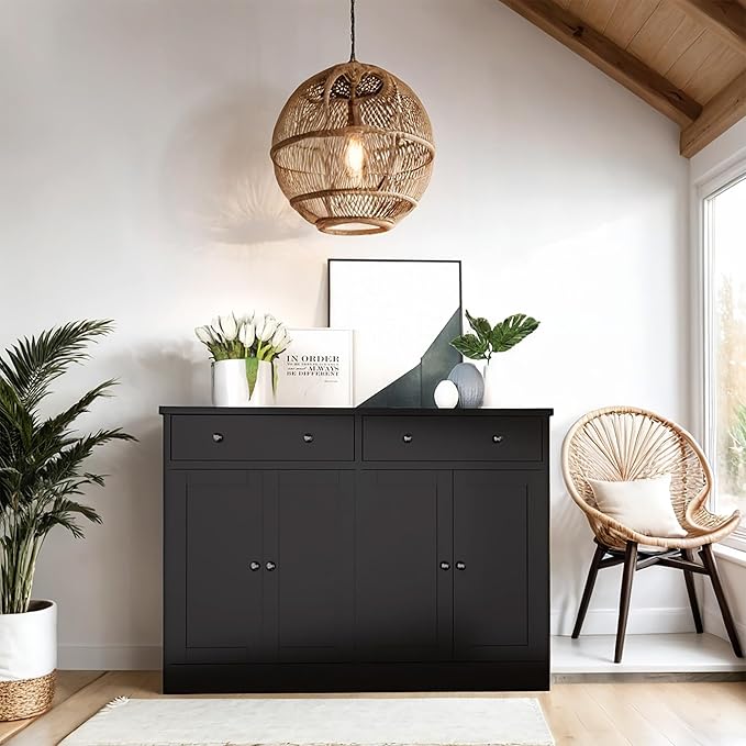 49" Black Buffet Cabinet with Doors & Drawers, Modern Kitchen Storage Sideboard, Coffee Bar Console for Dining Room, Living Room, Entryway