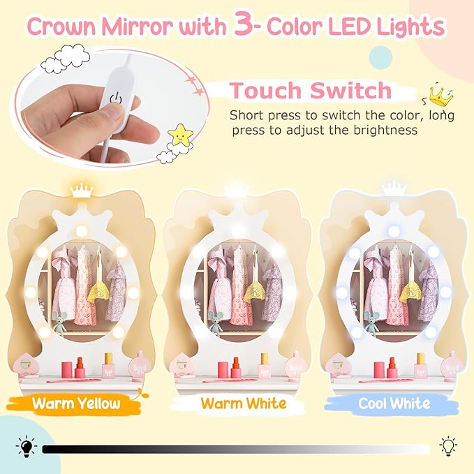 Costzon Kids Vanity, Girls Vanity Set with Mirror and Stool and Lights, Drawer, 2 in 1 Wooden Toddler Makeup Vanity Desk Dressing Table, Kids Vanity Table and Chair Set (White)