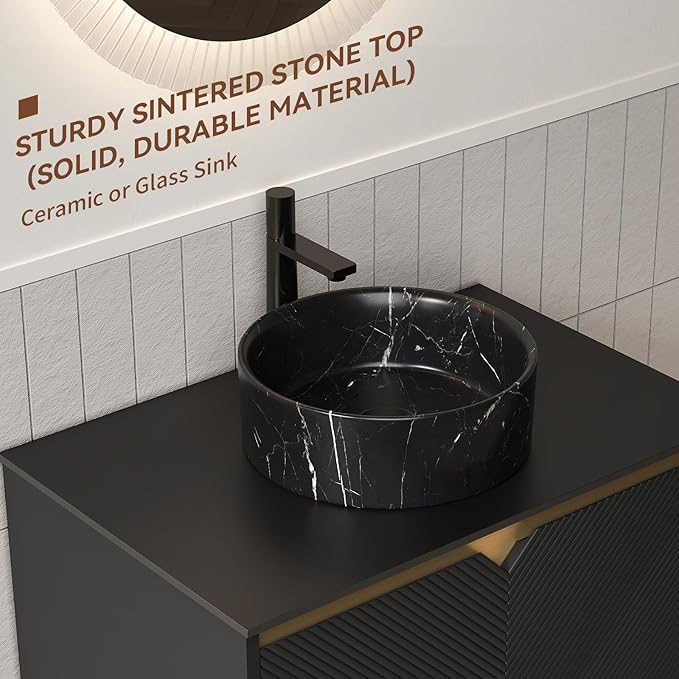 Bathroom Vanity with Sink 30 Inch, Floating Modern Vanity with Vessel Sink, Fluted Bathroom Vanity Cabinet with 2 Doors with Metal Trim, Black Round Sink & Sintered Stone Top, Black