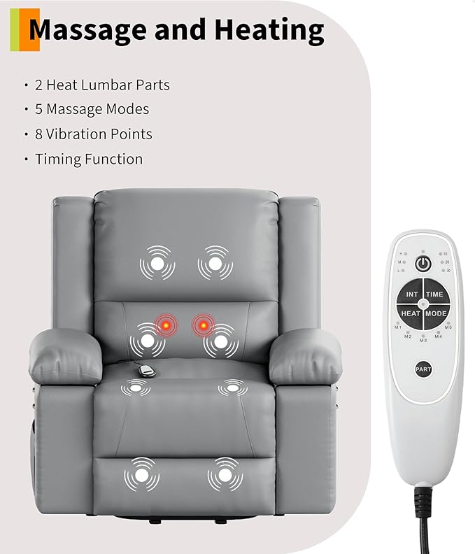 GarveeHome Oversized Wide Power Lift Recliner Chair - Heat and Massage, Adjustable Back and Legs, PU Leather Electric Lift Chair Designed for The Elderly and People with Mobility impaired