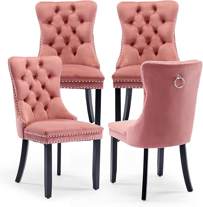 Velvet Upholstered Dining Chairs Set of 4, Modern Style Kitchen Side Chairs with Nailhead Trim and Wood Legs,Metal Pulling Ring for Dining Room Living Room(Pink,Set of 4)