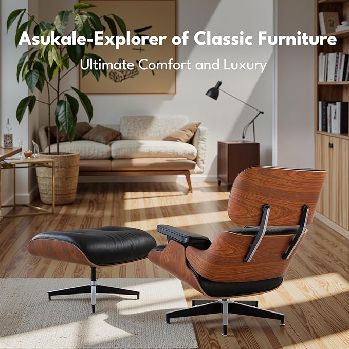 Top Black Grain Leather, Mid Century Chaise Lounge Chair and Ottoman, Accent Chair, Modern Chair, Classic Design, Heavy Duty Base Support for Living Room Lounge Office, Palisander, Heightening