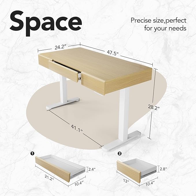 HUANUO Electric Standing Desk with 3 Drawers, 48 Inches Height Adjustable Stand Up Desk, Whole-Piece Board Computer Workstation with 4 Memory Height Settings, Light Walnut