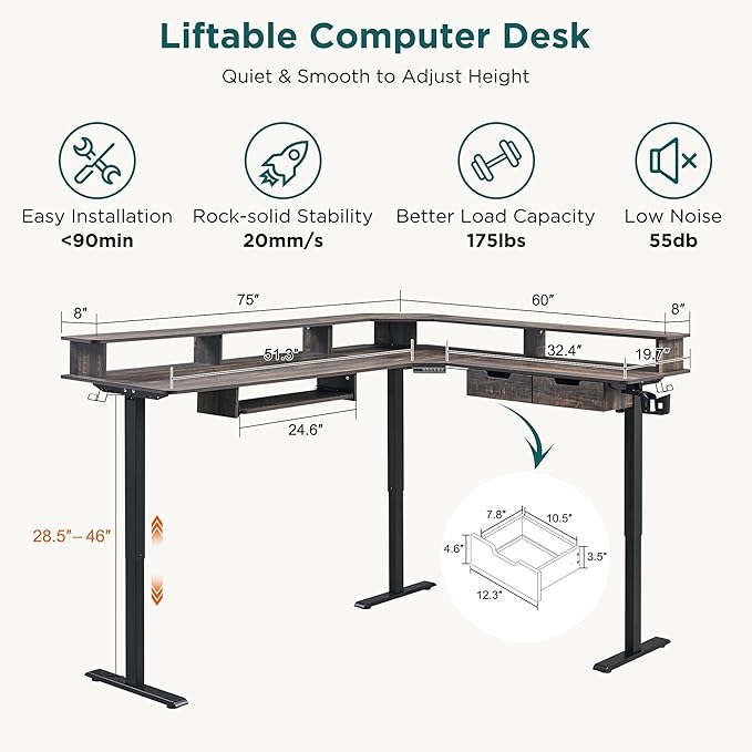 RedLemon 75X60 Inches L Shaped Electric Standing Desk,Height Adjustable Corner Gaming Desk with Drawers, Keyboard Tray, Power Outlets & LED Lights, Computer Desk with Monitor Shelf, Dark Rustic Oak