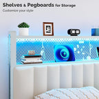 VINGLI King Size Headboard Only, Adjustable Upholstered Headboard with 2 Tier Shelves and Pegboard with Charging Stations and LED Lights, Modern Bed Headboard with Storage for Bedroom Decor