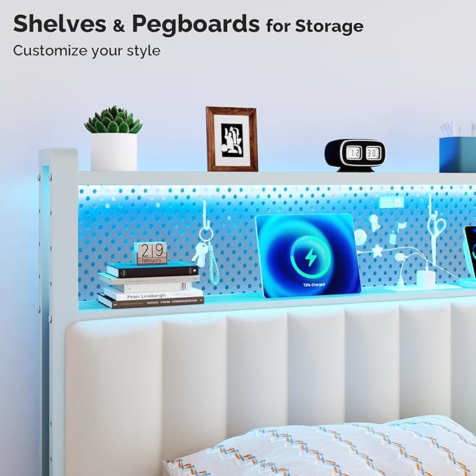 VINGLI Queen Size Headboard Only, Adjustable Upholstered Headboard with 2 Tier Shelves and Pegboard with Charging Stations and LED Lights, Modern Bed Headboard with Storage for Bedroom Decor