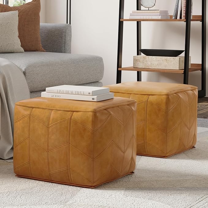 SIMPLIHOME Morden Contemporary Square Pouf in Brown Genuine Leather for The Living Room, Bedroom and Kids Room