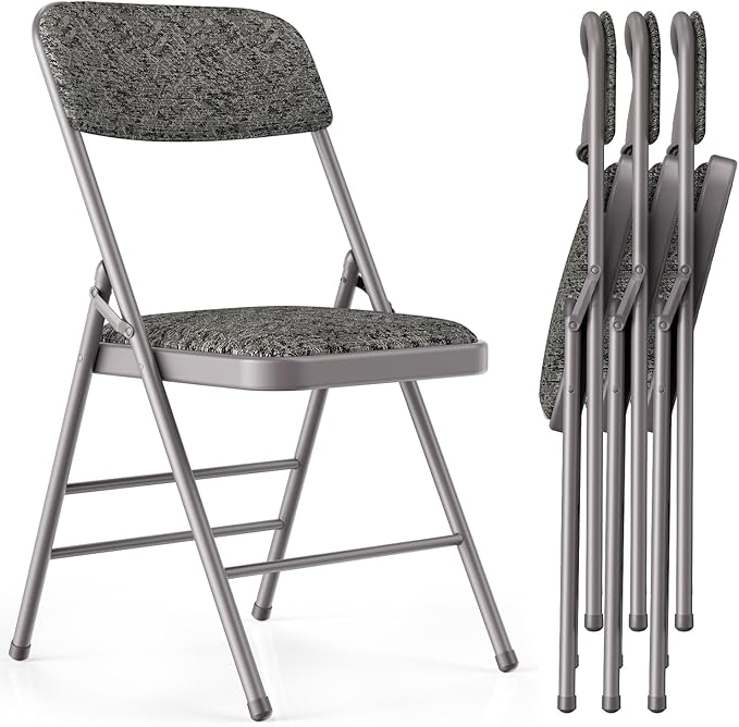 Commercial Grade Folding Chair with Padded Fabric Cushion（16"X16" |Double-hinged Legs Luxury Style|4.5kg Capacity Max Weight 150Kg for Home and Office,Indoor and Outdoor Events (4, Fabric-Grey)