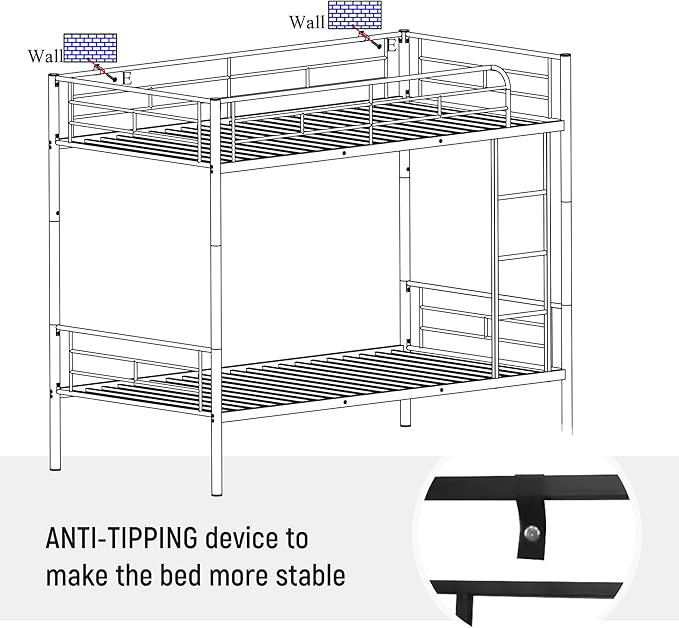 Merax Bunk Bed with Ladder and high Guardrail, Able to Split, Metal Bunk Bed, Storage Space, Noise Free,Twin Over Twin Size,Black
