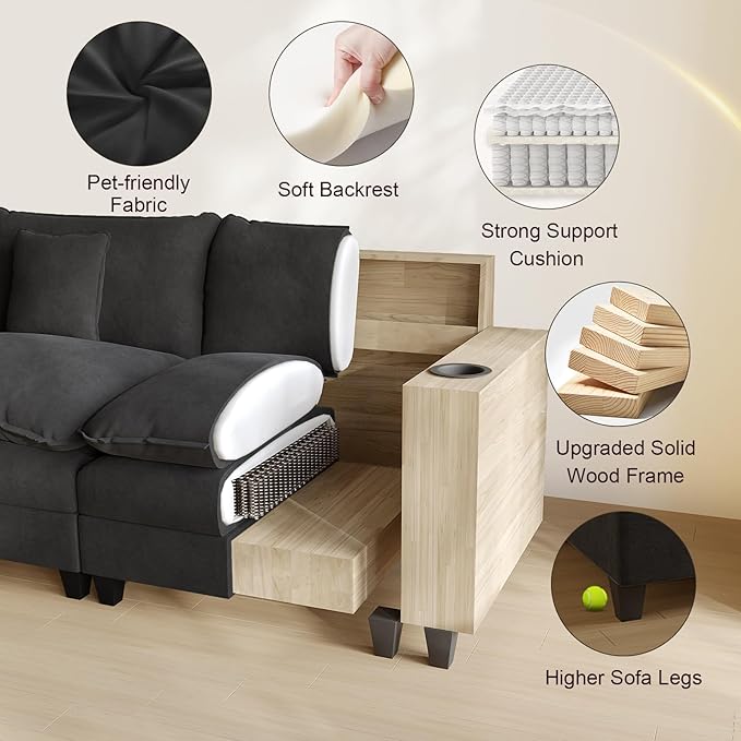 Cloud Couch, Modular Sectional Sofa with Ottoman, Charging Station, Throw Pillows, Cup Holders, Modern Convertible L Shaped Couches for Living Room, Bedroom (Classic Black, 116"- U Shape)