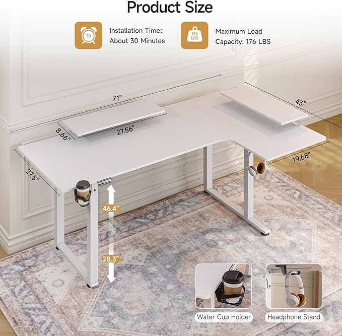 L Shaped Standing Desk, 71x43'' Electric L Stand Up Desk with 2 Adjustable Monitor Shelves, Dual Motor and Memory Controller, Adjustable Height from 28-46'' for Home and Computer Workstation, White