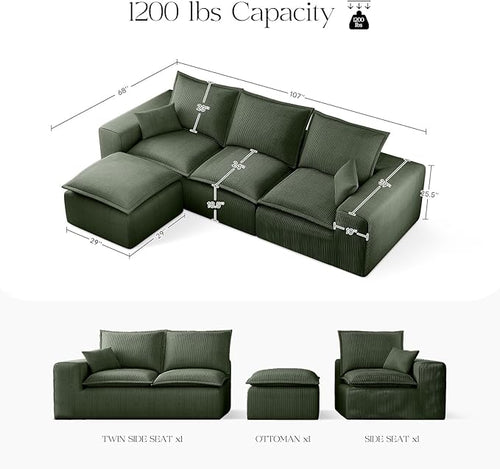 107" Comfy Cloud Couch with L-Shape Chaise & Deep Seat, Modular Sectional Sofa in a Box, Boneless Upholstered Couches for Living Room, No Assembly Required (Soft Corduroy, Green)