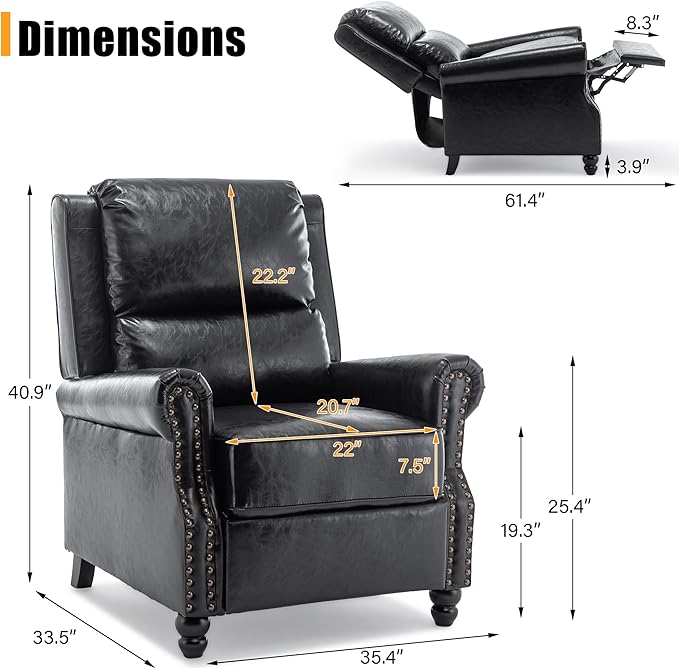 Faux Leather Recliner Chair, Modern Pushback Armchair with Adjustable Backrest & Footrest for Bedroom, Living Room (Black, Set of 2)