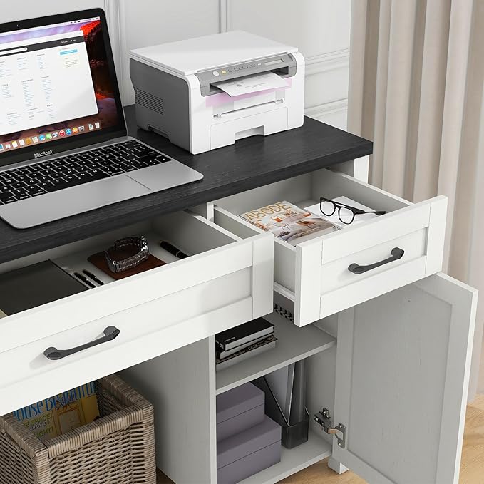 Vabches Farmhouse 47" Executive Desk, Computer Desks with Drawers and Storage Cabinet, Workstation Computer Desk for Home Office, Study.(Black).