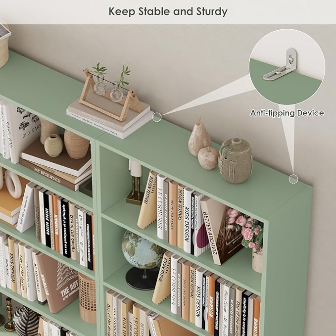 FOTOSOK 70.8" Tall Bookcase Shelf, 6 Tier Wide Bookshelf with Storage, Billy Bookcase Set of 2, Large Bookshelf for Living Room, Home Office,Green