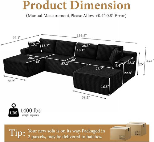 134''Oversized Modular Sectional Sofa Boneless Cloud Couch with Chaise Comfy Sectional Couches for Living Room,Bedroom,Apartment (Black, 134''W U-Shaped)