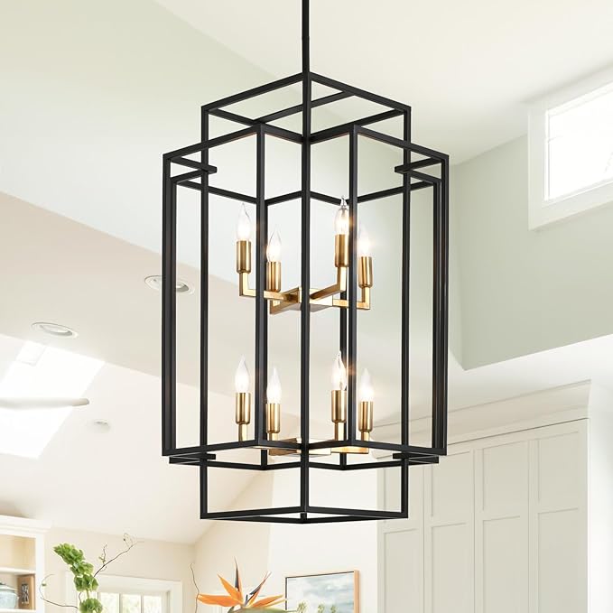WJShome High Ceiling Foyer Chandelier: 8-Light Farmhouse Lantern Chandeliers for Entryway Industrial Large Pendant Light Fixtures for Entry Staircase Hallway Dining Room Kitchen Island, Black & Gold