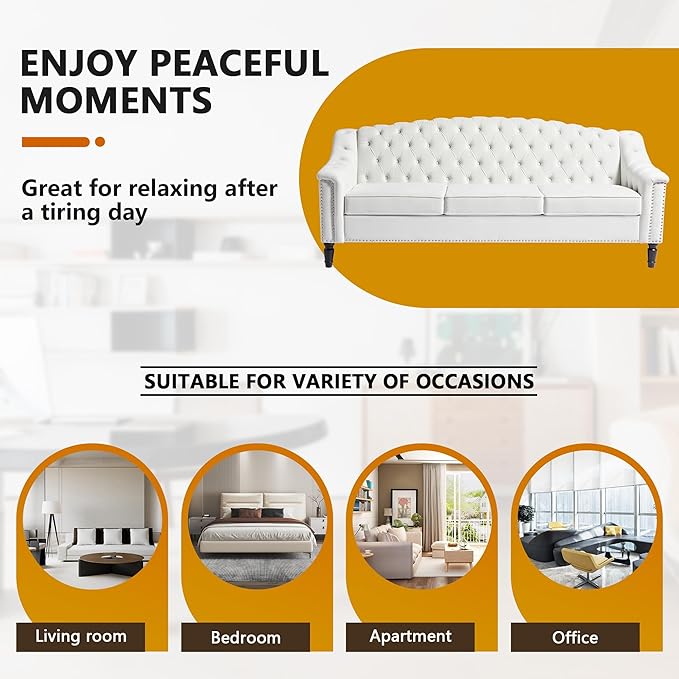 LEVNARY Mid-Century Modern Velvet Sofa, 80" Large Upholstered Sofa with High Back, Chesterfield Couch Sleeper Settee with Solid Wood Legs, Tufted 3 Seater Wide Couches for Living Room Office (White)