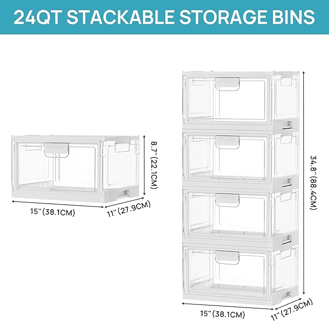 Vtopmart 4 Pack Clear Stackable Storage Bins with Lids 24QT, Foldable Storage Boxes with Doors Open Front, Plastic Containers for Closet, Craft, Toys, Pantry Organization