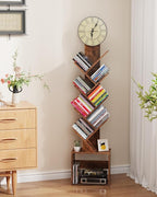7 Tier Tree Bookshelf with Clock and Storage Cabinet, Small Narrow Floor Standing Bookcase for Bedroom, Living Room, Home Office, Rustic Brown