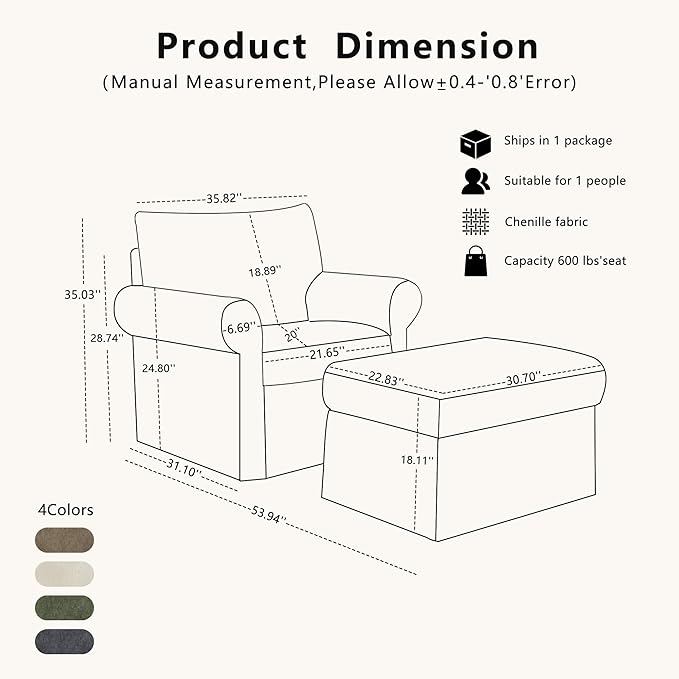 35.82" Accent Chair with Ottoman Upholstered Living Room Chairs for Reading Chair with Chaise Lounge Chairs Indoor, Comfortable Armchair for Bedroom (Gray, 35.82")