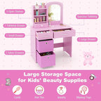 GLACER Kids Vanity Table and Chair Set, Princess Makeup Vanity Desk with 5 Drawers, Open Shelves, Mirror, 2-Color LED Lights, Wooden Toddler Vanity, Pretend Play Vanity Set for Little Girls (Pink)