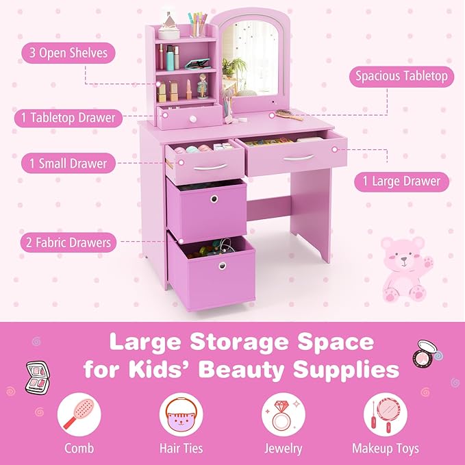 GLACER Kids Vanity Table and Chair Set, Princess Makeup Vanity Desk with 5 Drawers, Open Shelves, Mirror, 2-Color LED Lights, Wooden Toddler Vanity, Pretend Play Vanity Set for Little Girls (Pink)