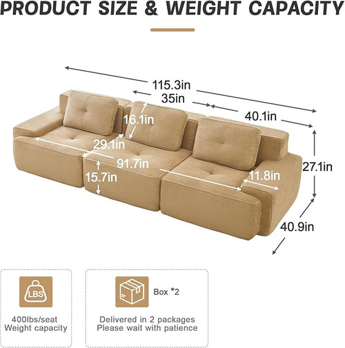 115.3” Camel Boneless Couches for Living Room, Modular Sectional Sofa, 3 Seater Comfy Upholstered Deep Seat Corduroy Fabric Cloud Couch No Assembly, Anti-Slip Design