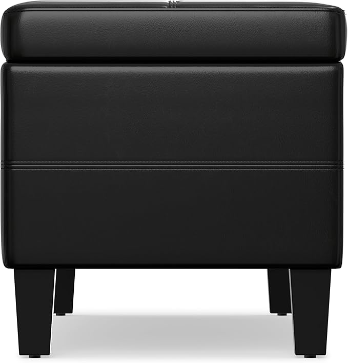 SIMPLIHOME Afton 48 inch Wide Contemporary Rectangle Storage Ottoman Bench in Midnight Black Vegan Faux Leather, Assembled, For the Living Room and Bedroom