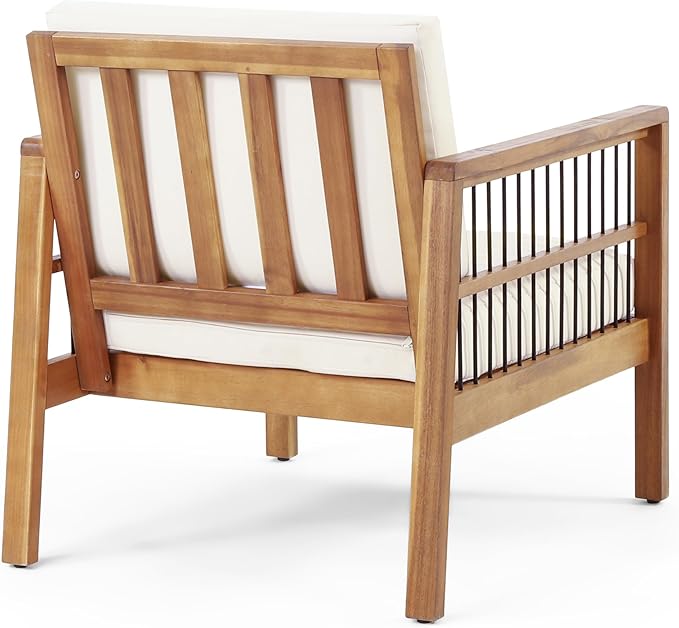 Christopher Knight Home Elias Outdoor Acacia Wood and Iron Club Chair with Cushions, Teak, Black, Beige