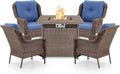 Outdoor Patio Chairs with Fire Pit Table 5 Piece Set - High Back Brown Wicker Rattan Lawn Chair with Thick Cushion for Porch Apartment Deck Yard Poolside Garden - Navy Blue