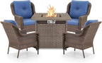 Outdoor Patio Chairs with Fire Pit Table 5 Piece Set - High Back Brown Wicker Rattan Lawn Chair with Thick Cushion for Porch Apartment Deck Yard Poolside Garden - Navy Blue